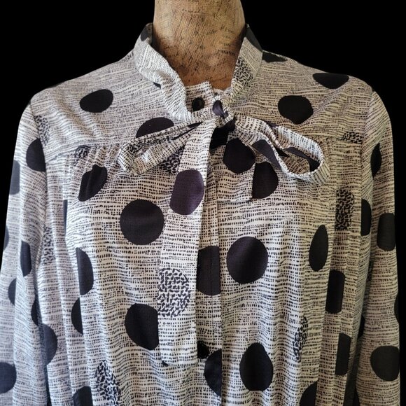 Vintage 80s 90s Black & Gray  Polka Dot Dress With Bow Collar & Elastic Waist - Picture 5 of 13